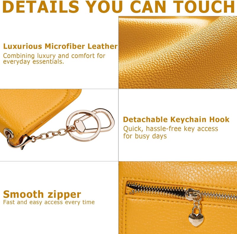 Sunpour Women Small Wallet RFID Blocking Slim Wallet with Coin Pocket Tri-Fold Credit Card Holder with ID Window and Keychain(Light Yellow) - Image 5